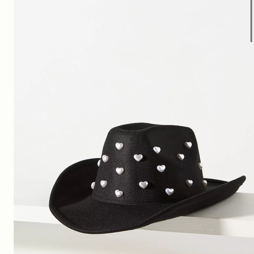 Anthropologie Heart Pearls Rancher Hat Beaded Crown Wool Felt Black - Picture 2 of 8